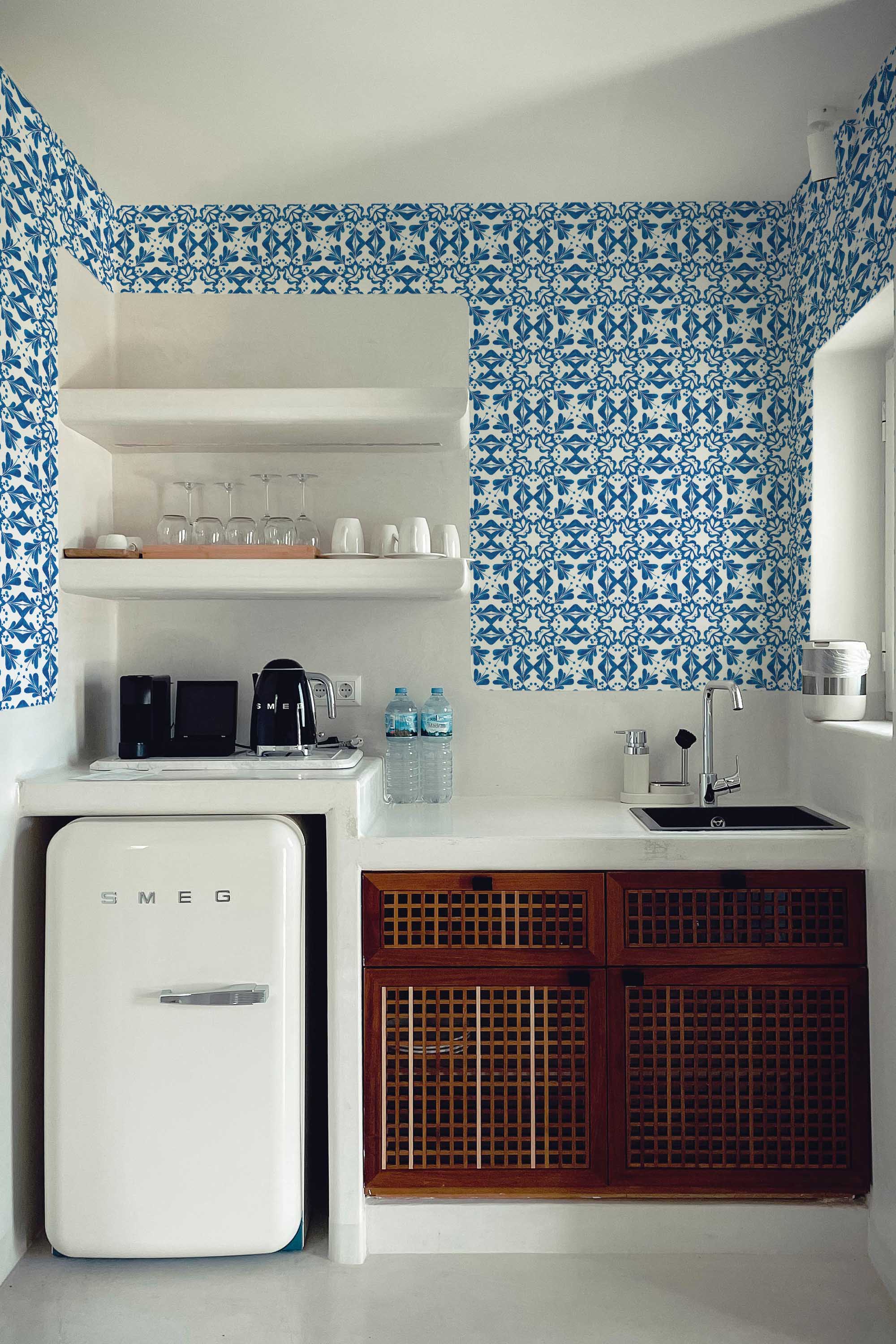 Fancy Walls traditional wallpaper inspired by historic blue and white Portugese tile designs.