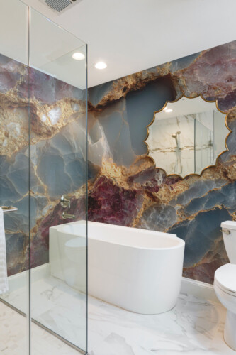 Luxury Gemstone peel and stick wall mural with faux textured stone design and elegant golden veins for modern décor.