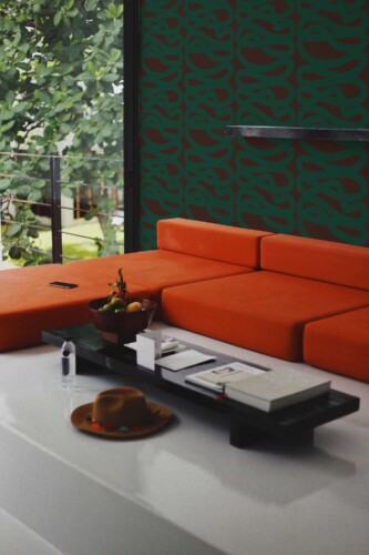 Fancy Walls peel and stick wallpaper with green flowing lines over a deep brown abstract background.