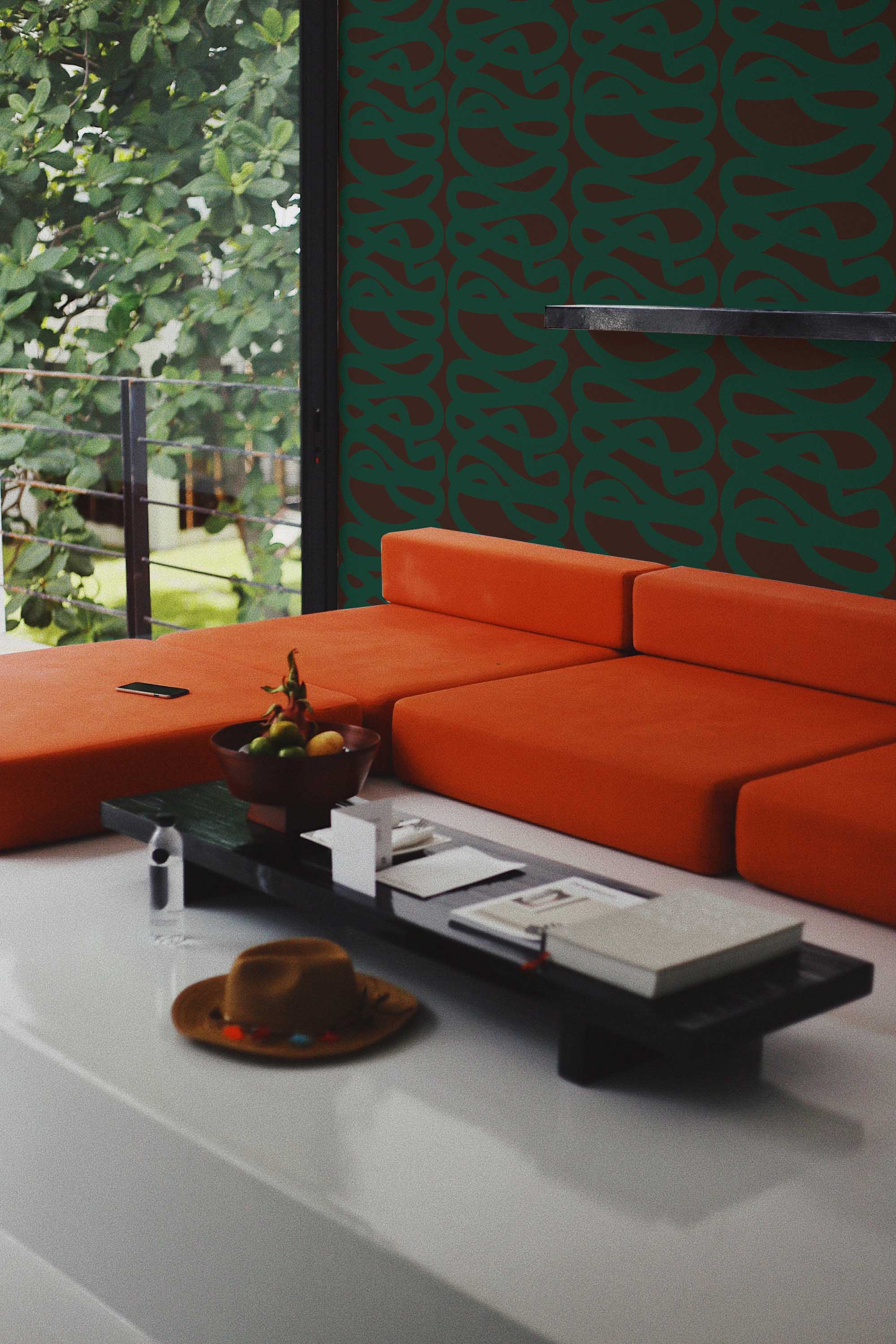 Fancy Walls peel and stick wallpaper with green flowing lines over a deep brown abstract background.