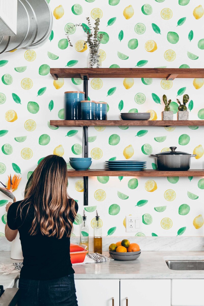 Fancy Walls traditional wallpaper inspired by classic citrus motifs painted in a soft watercolor style.