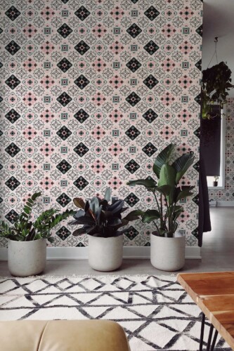 Fancy Walls peel and stick wallpaper with colorful Moroccan style tile pattern featuring ornate floral geometry.