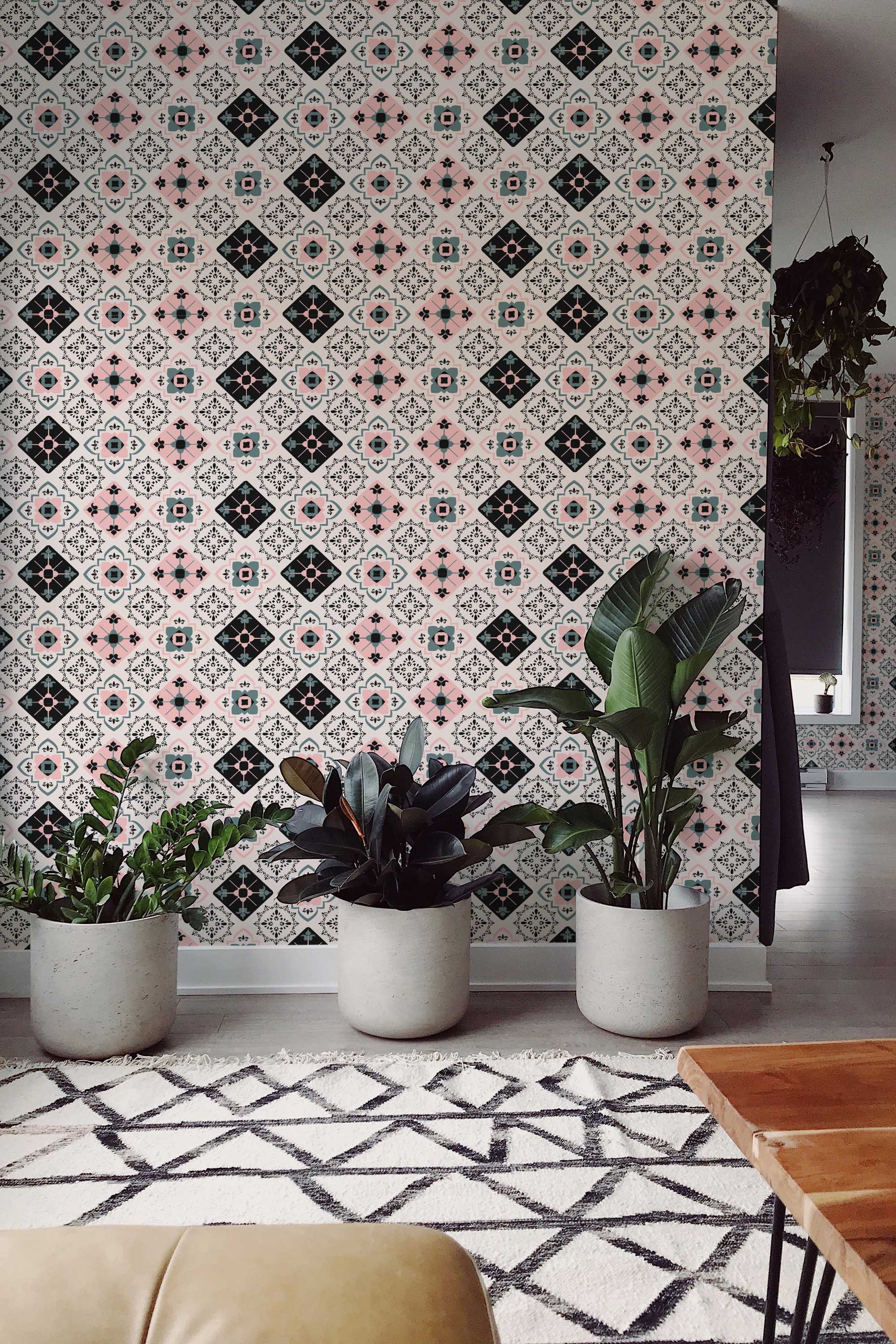 Fancy Walls peel and stick wallpaper with colorful Moroccan style tile pattern featuring ornate floral geometry.