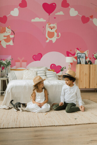 Fancy Walls cupid kitties love parade peel and stick wall mural with kawaii cats and hearts
