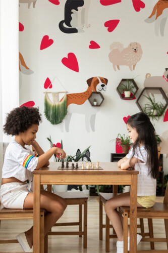 Fancy Walls sweet puppy love peel and stick wall mural with cute dogs and hearts