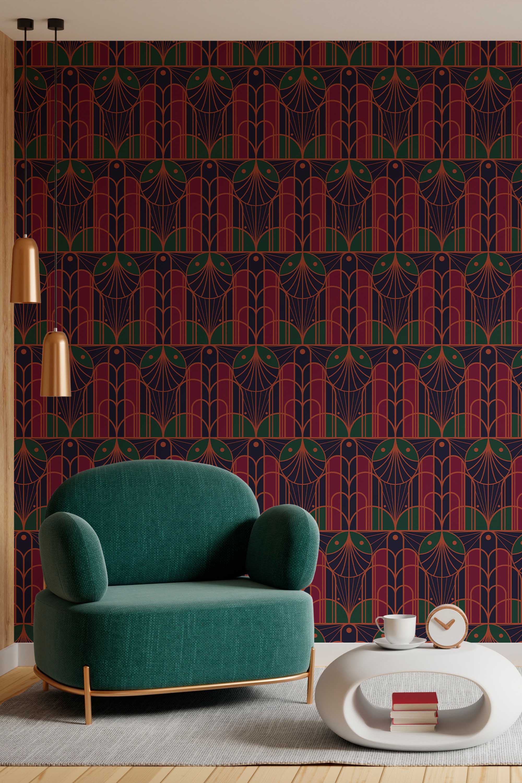 Fancy Walls peel and stick wallpaper with dark art deco arches in maroon and gold for a glamorous vintage interior.