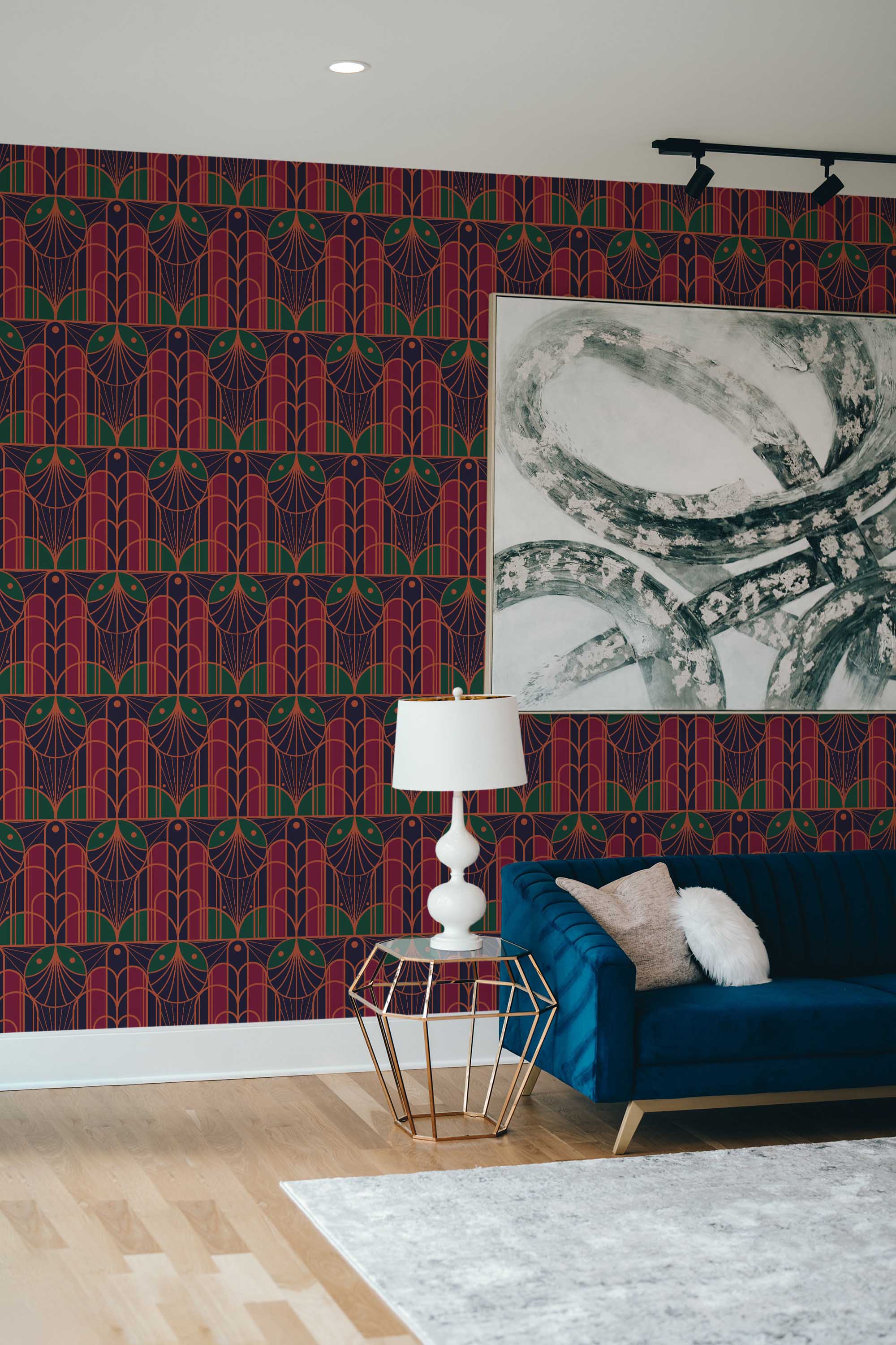 Fancy Walls removable wallpaper showcasing luxurious maroon and gold art deco arches in a bold geometric style.