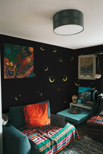 Fancy Walls mysterious black cat eyes wall mural creating bold gothic atmosphere