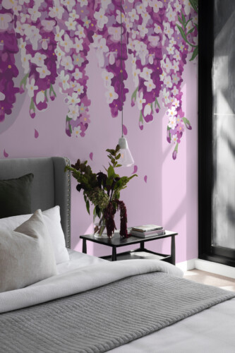 Fancy Walls dreamy blooming wisteria peel and stick wall mural with cascading purple flowers