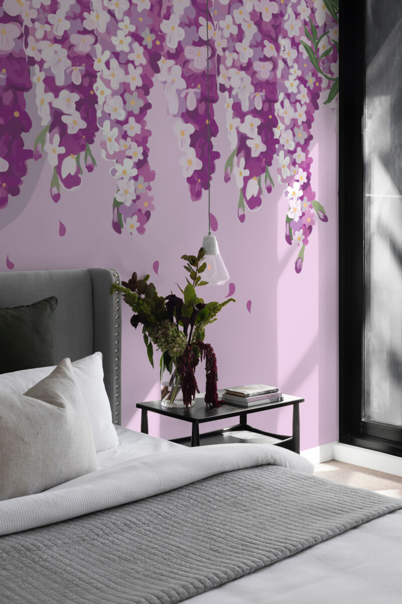 Fancy Walls dreamy blooming wisteria peel and stick wall mural with cascading purple flowers