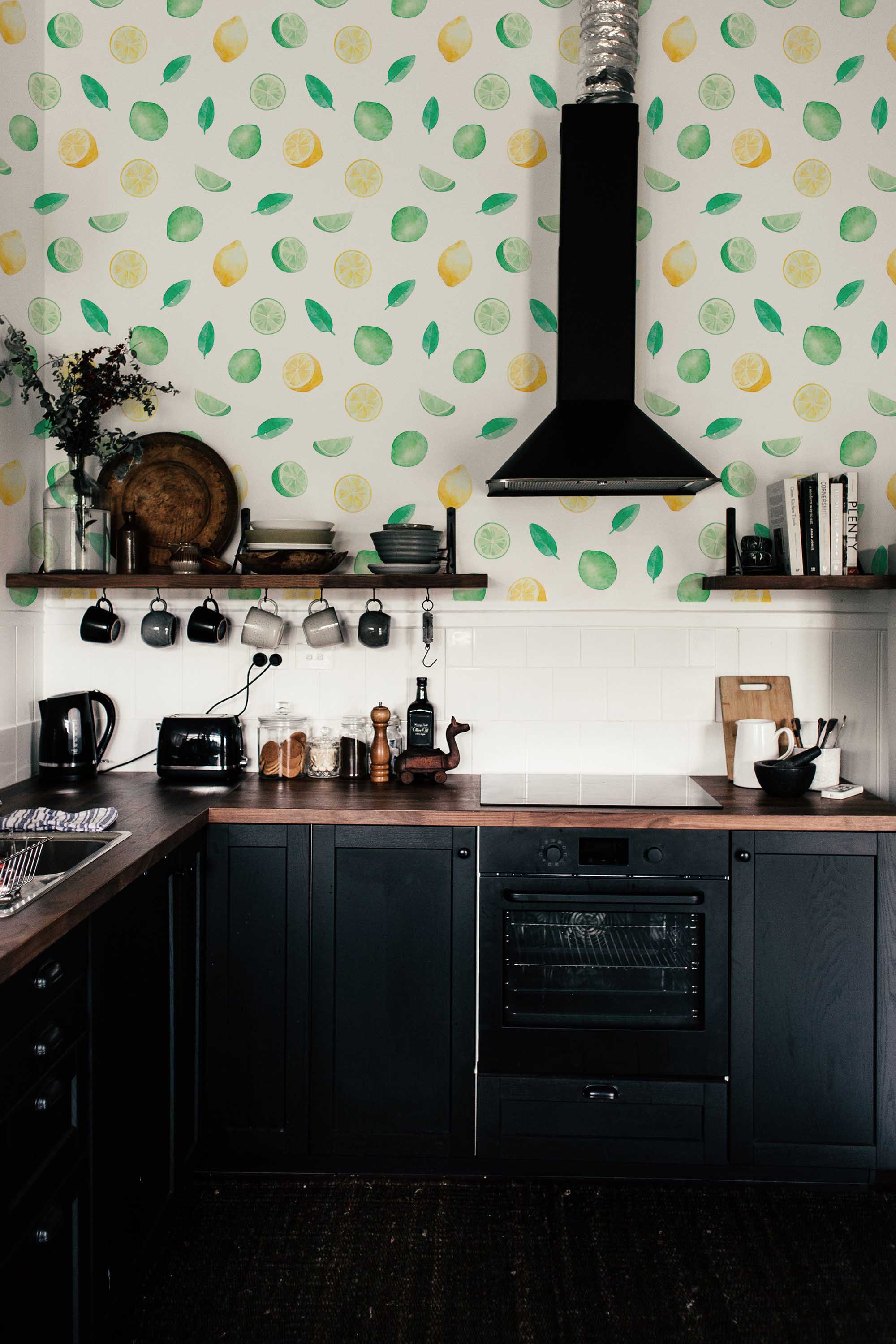 Fancy Walls removable wallpaper with cheerful watercolor citrus for bright kitchens or dining areas.