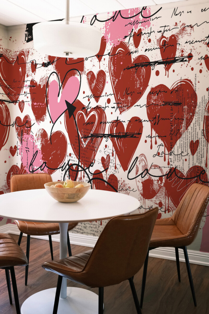 Fancy Walls love graffiti wall mural printing with red hearts and artistic splashes