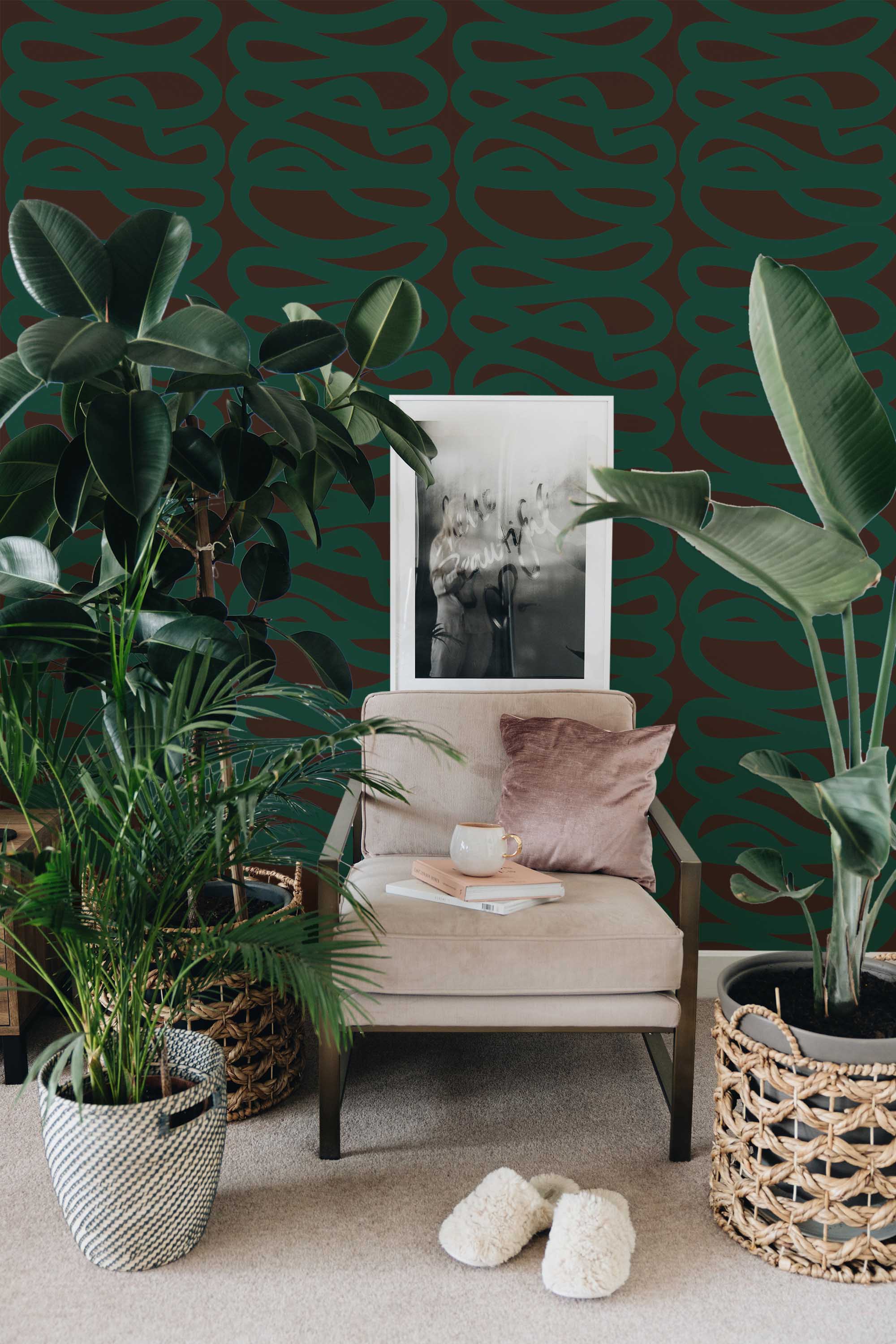 Fancy Walls self-adhesive wallpaper featuring organic green linework on rich brown for a bold modern look.
