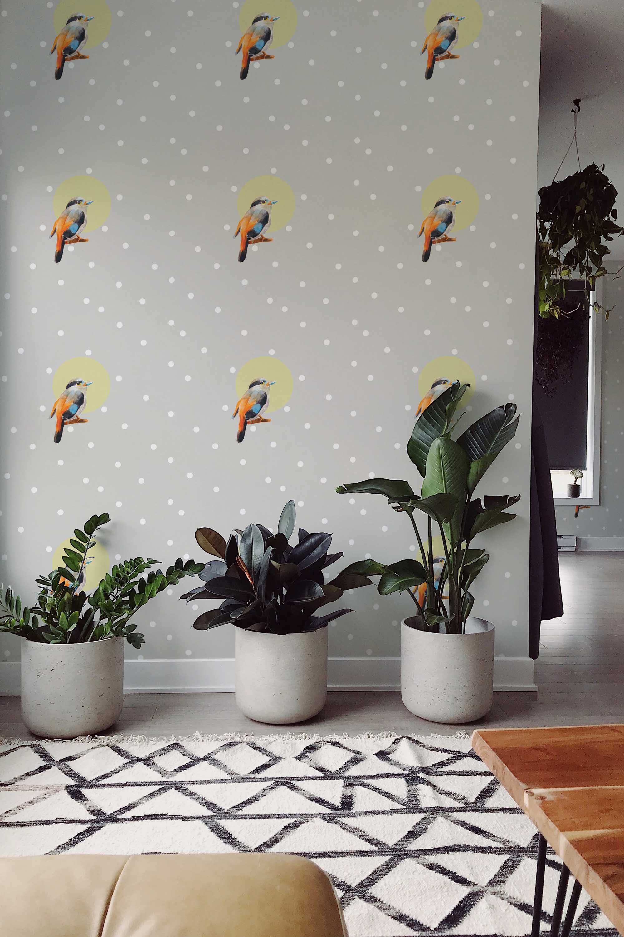 Fancy Walls traditional wallpaper inspired by little birdie illustrations with colorful accents and gentle contrast.