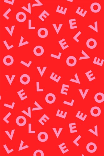 Fancy Walls self-adhesive wallpaper featuring scattered LOVE letters on a vibrant red background.