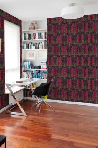 Fancy Walls traditional wallpaper inspired by glamorous 1920s art deco motifs in maroon and gold.