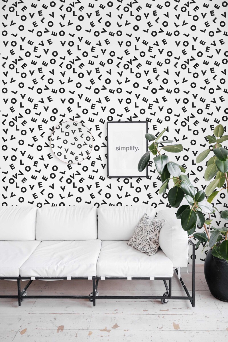 Fancy Walls peel and stick wallpaper with monochrome love letter typography in black and white for bold modern interiors.