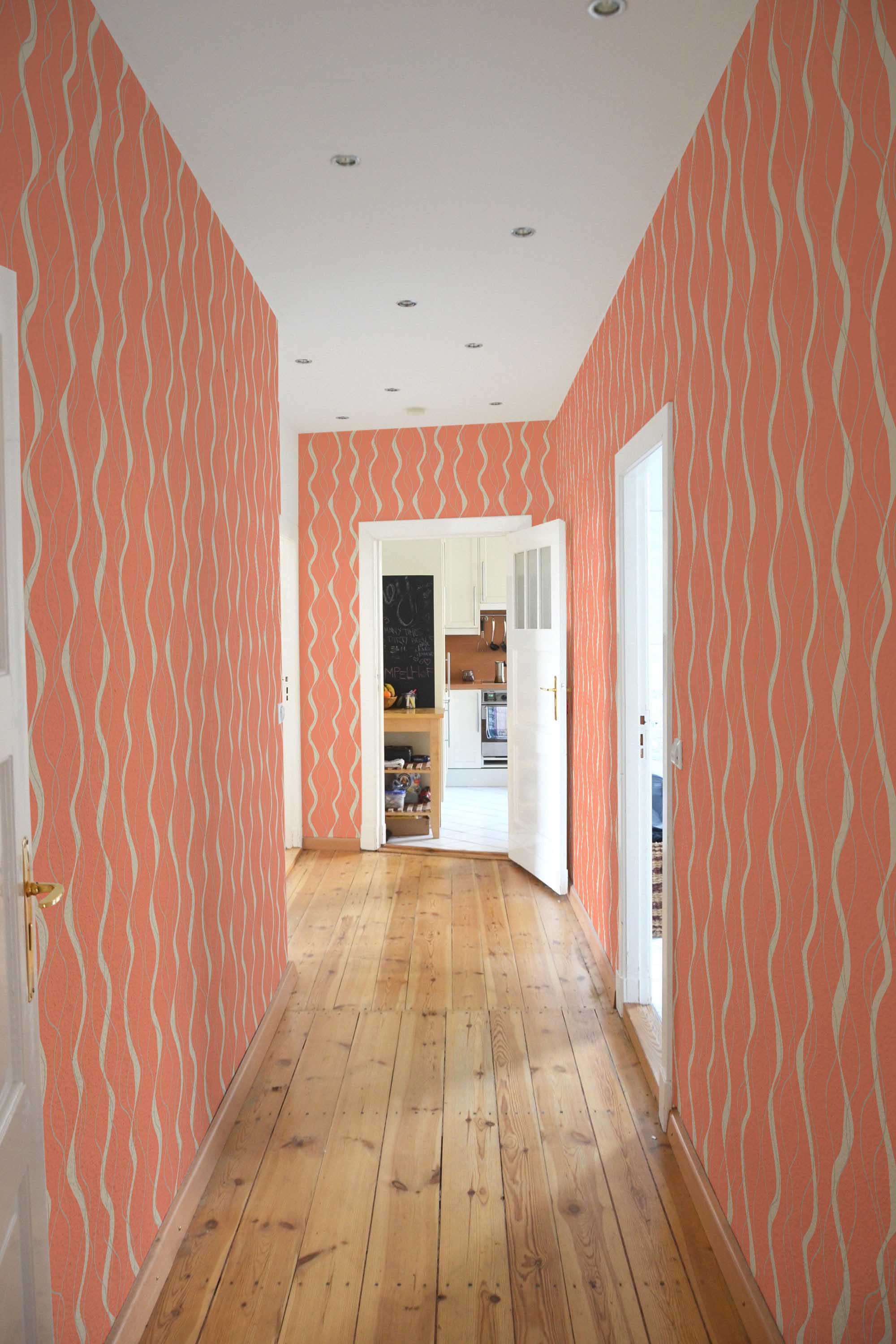 Fancy Walls elegant orange brush stroke traditional wallpaper with a flowing abstract pattern.