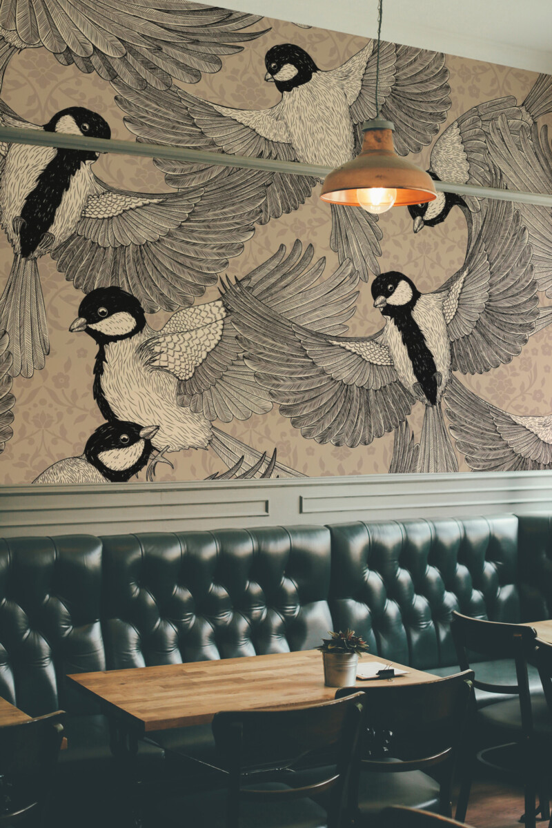 Fancy Walls ornate vintage birds peel and stick wall mural with detailed flying bird illustration