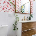 Fancy Walls peel and stick wallpaper with pink keys and hearts creating a cute Valentine inspired kawaii pattern.