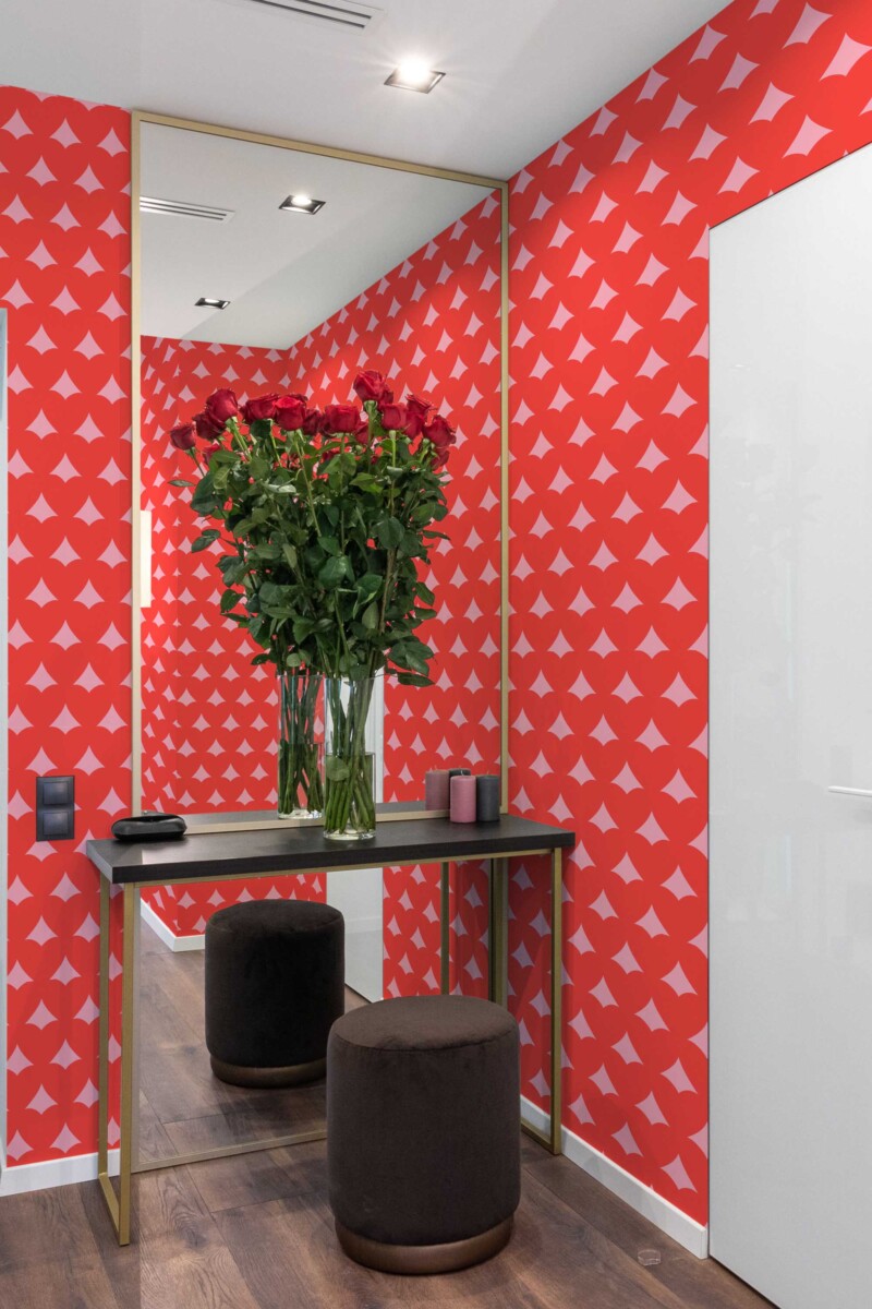Fancy Walls self-adhesive wallpaper featuring pink heart illusion patterns with a fun romantic style.