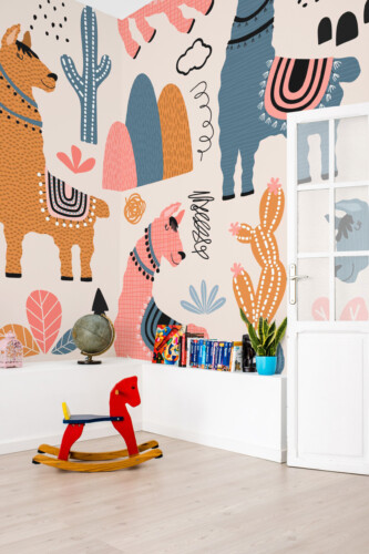 Fancy Walls kids boho animal wall mural printing with llamas and rainbows