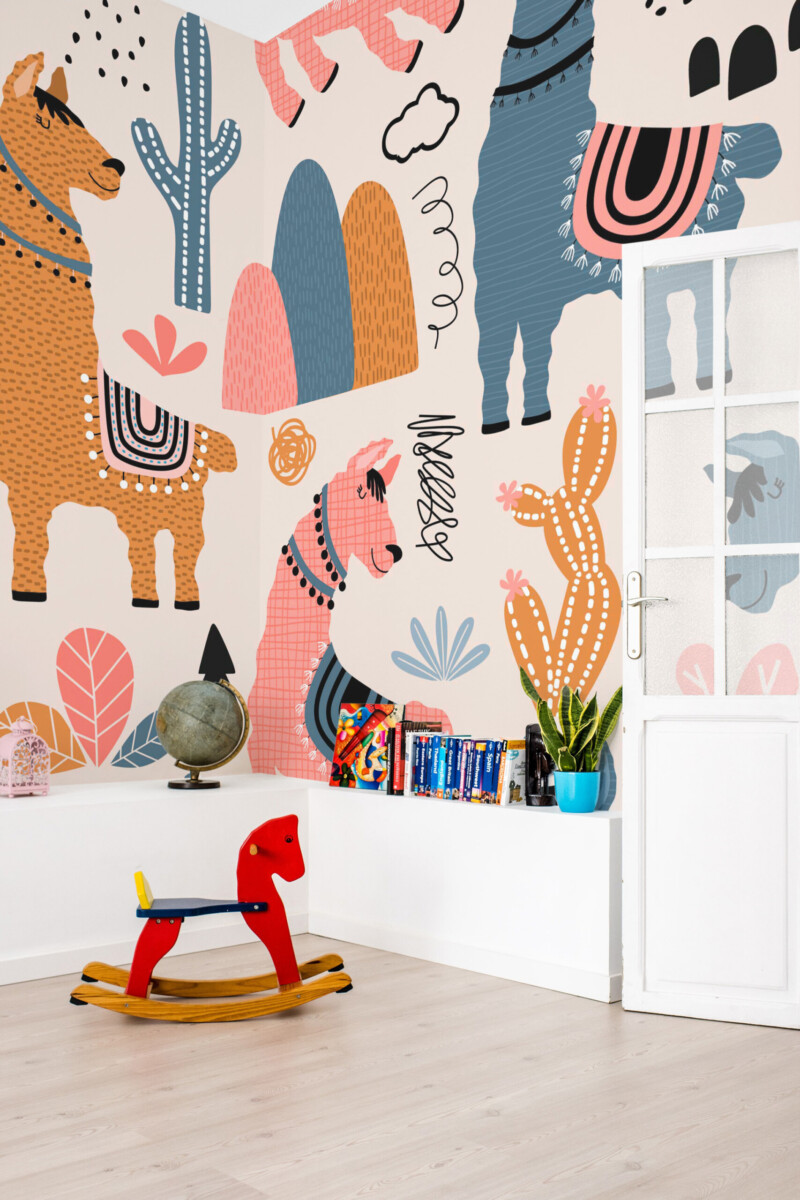Fancy Walls kids boho animal wall mural printing with llamas and rainbows