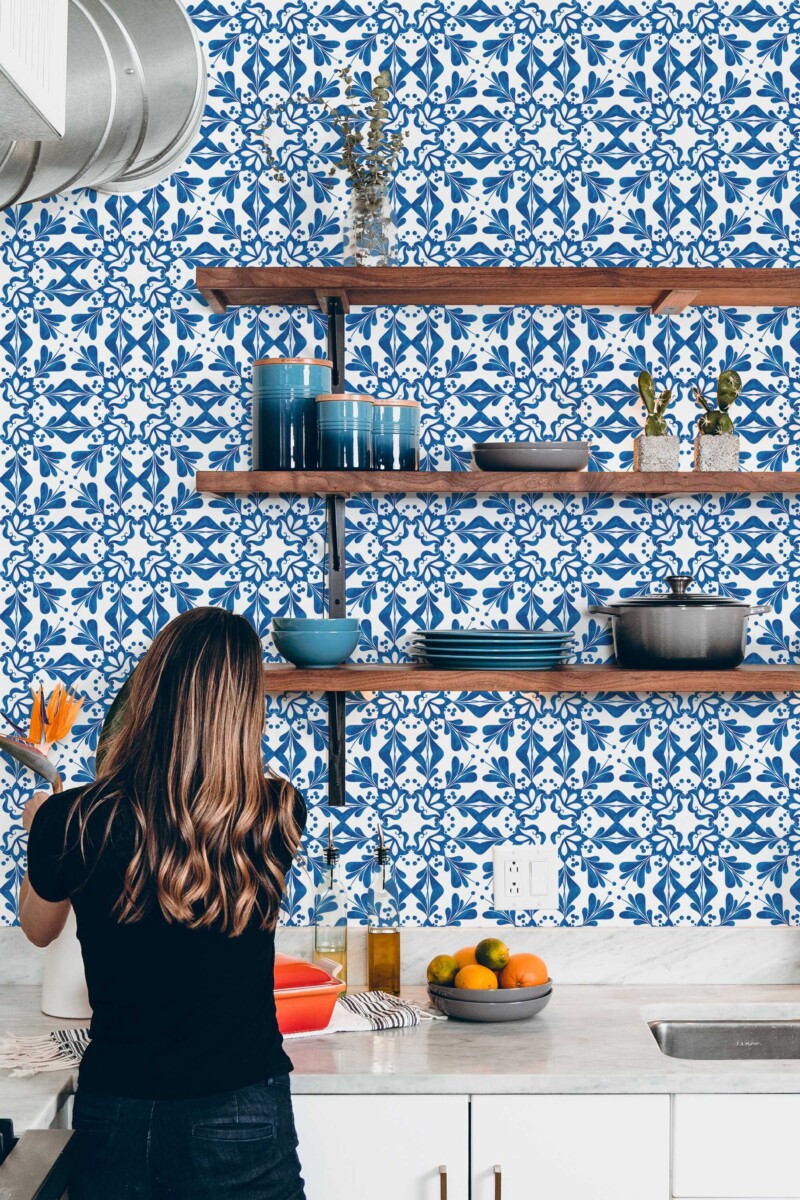 Fancy Walls peel and stick wallpaper with blue and white Portugese tile pattern for a classic decorative interior.