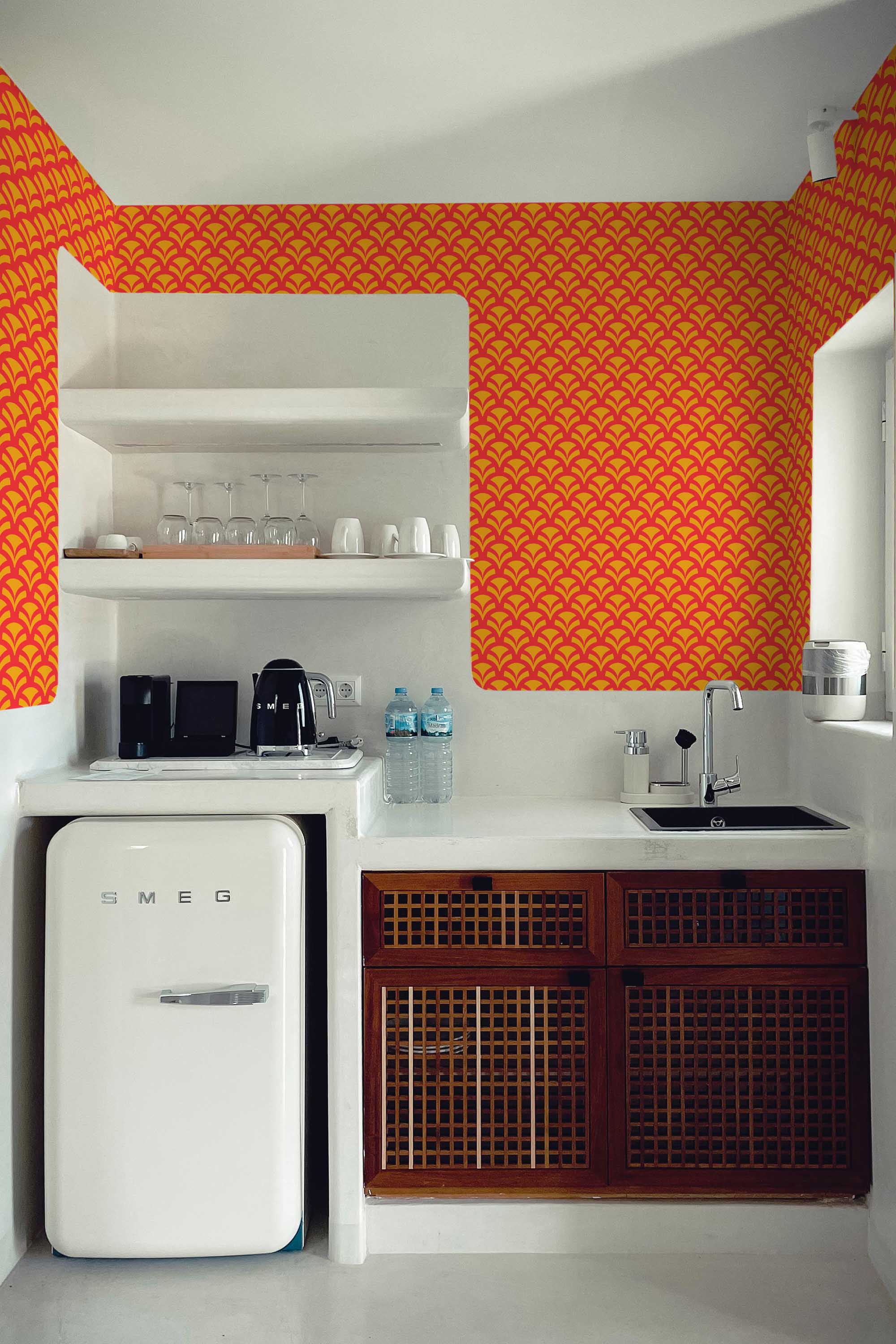 Fancy Walls removable wallpaper with vibrant red geometric fans creating a dynamic decorative look.