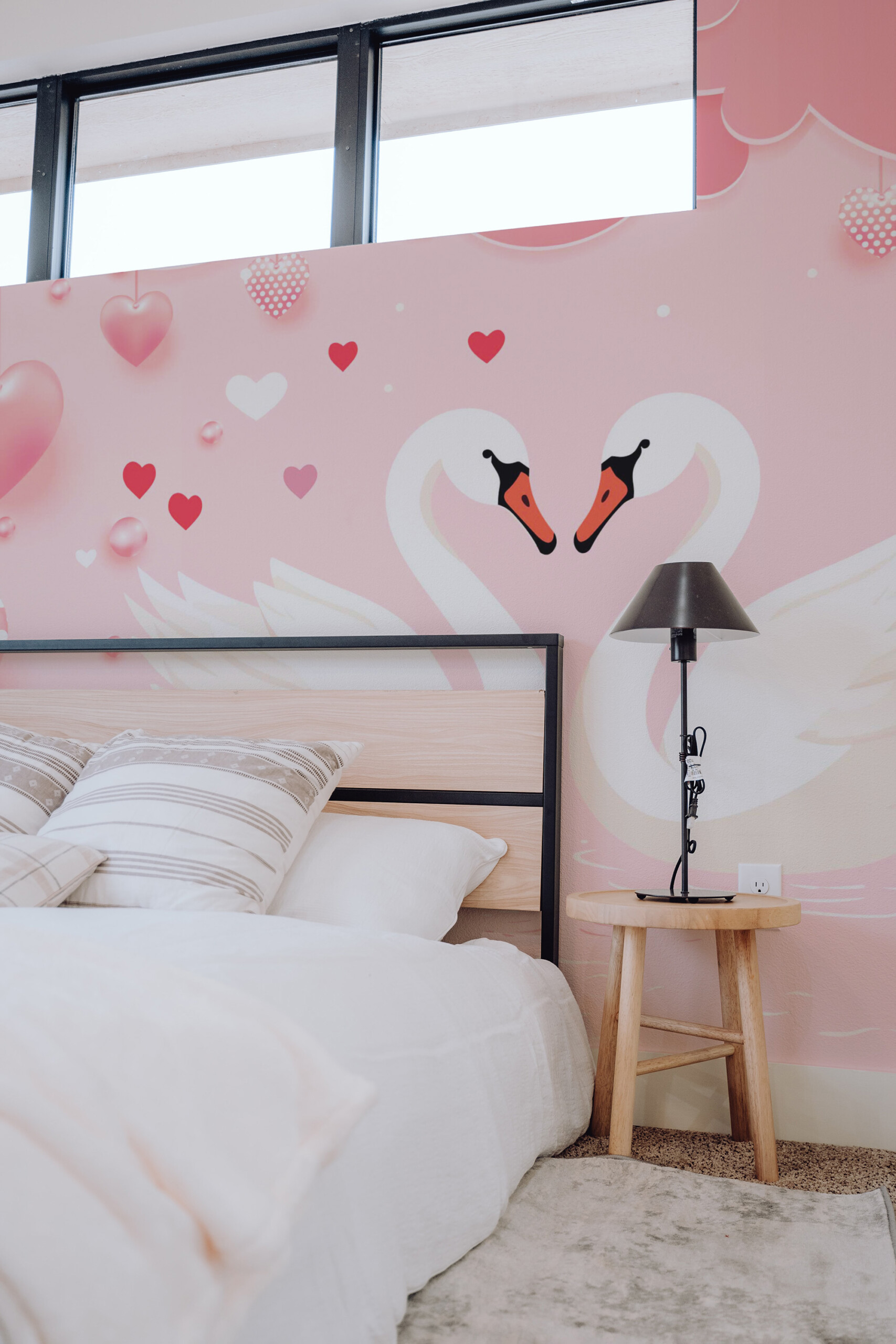 Fancy Walls swan love story peel and stick wall mural with romantic pink swans