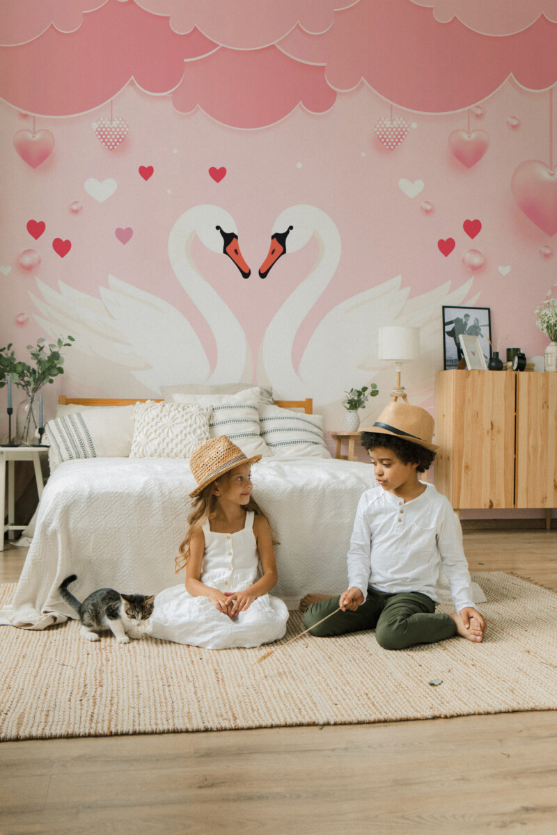 Fancy Walls romantic swan love wall mural peel and stick in soft pastel tones
