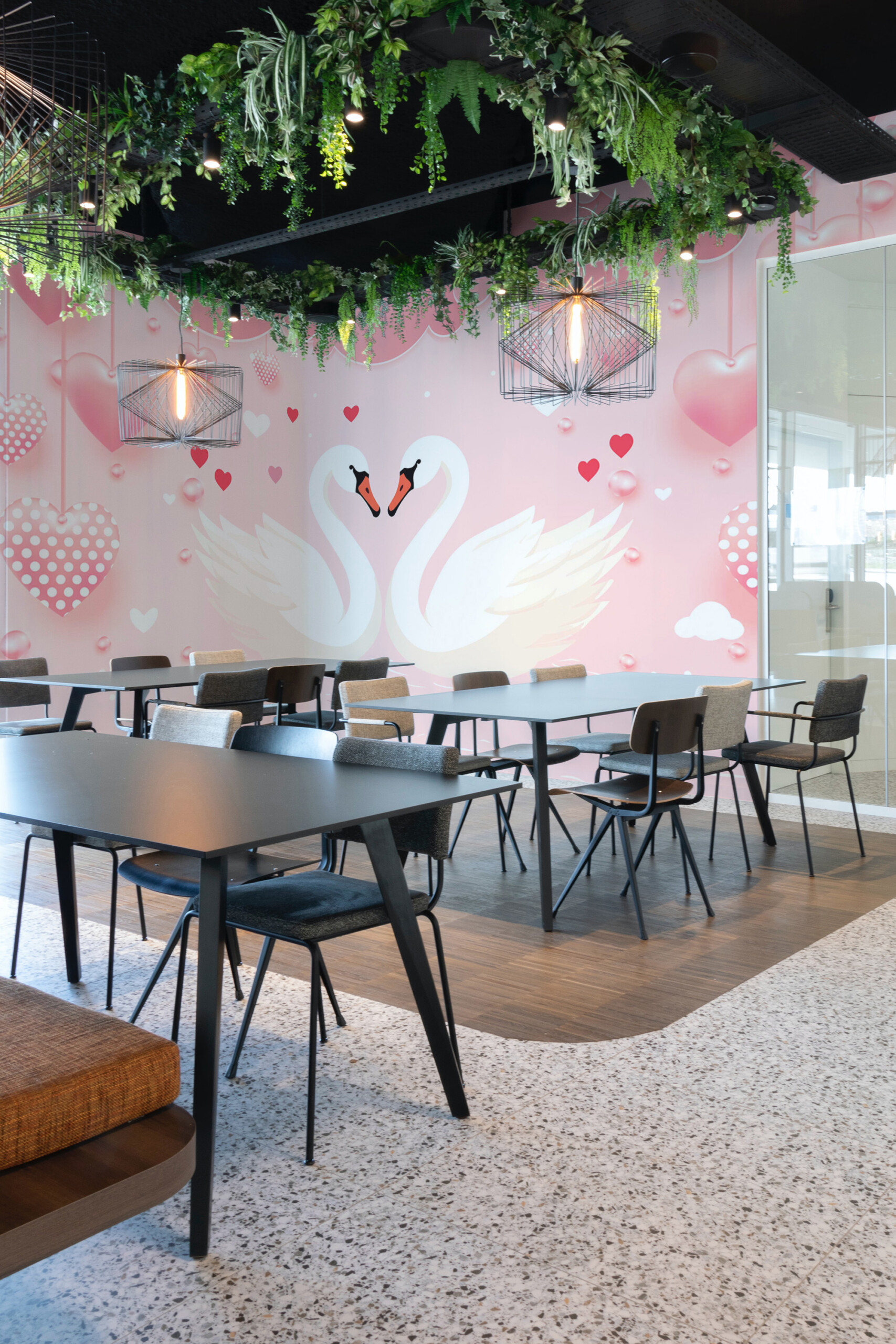 Fancy Walls swan couple wall mural with hearts and dreamy pink background