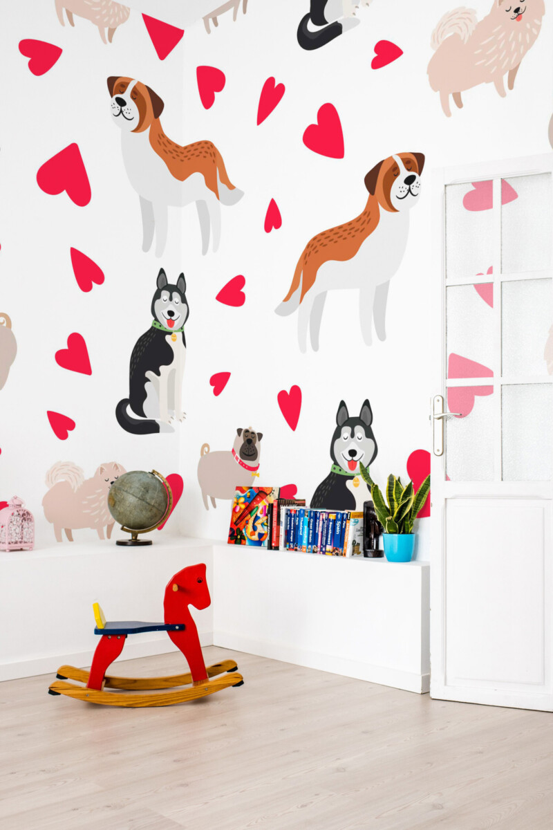 Fancy Walls dog lovers wall mural printing with cheerful puppy illustrations