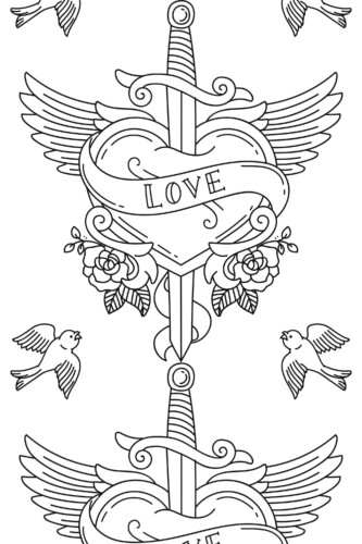 Fancy Walls removable wallpaper showing vintage tattoo heart illustration in black and white line art.