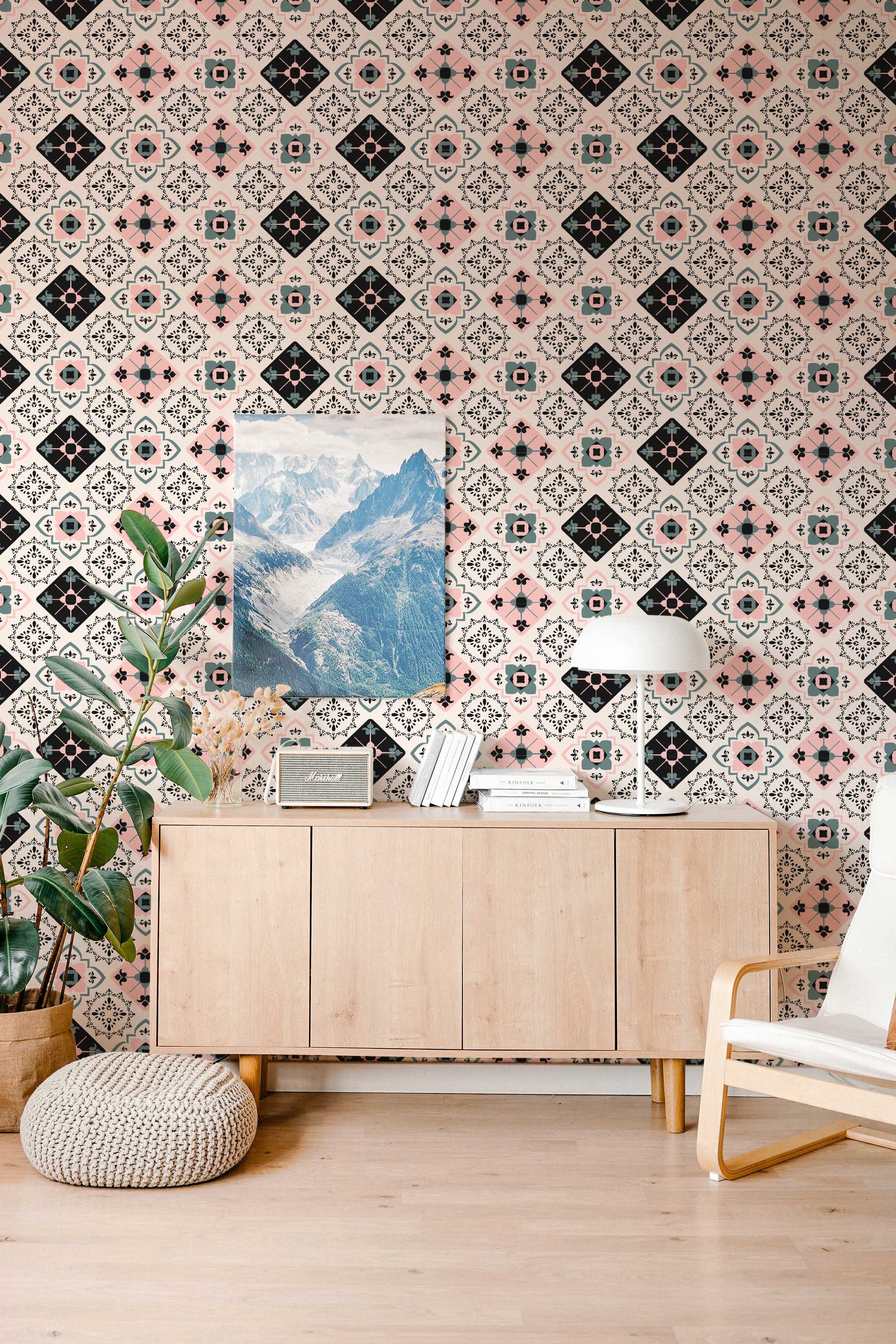 Fancy Walls self-adhesive wallpaper showing intricate Moroccan tiles in blush and black tones.