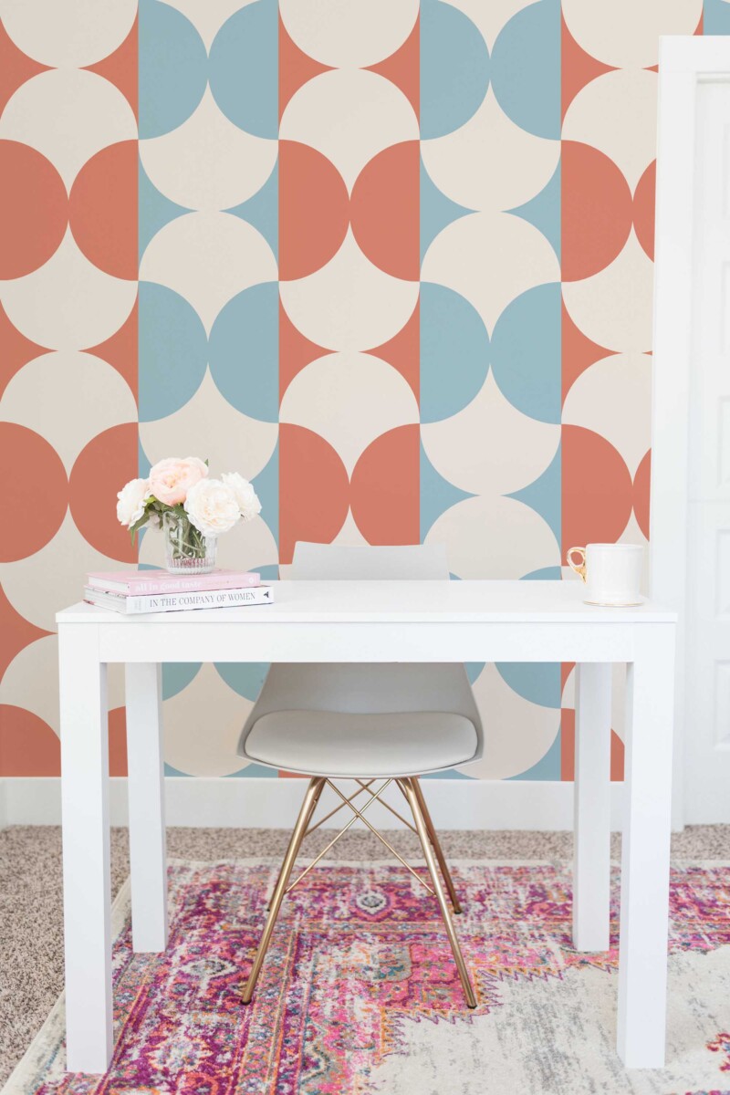 Fancy Walls Pastel Geometric retro removable wallpaper with cream and terracotta circles for balanced interiors.