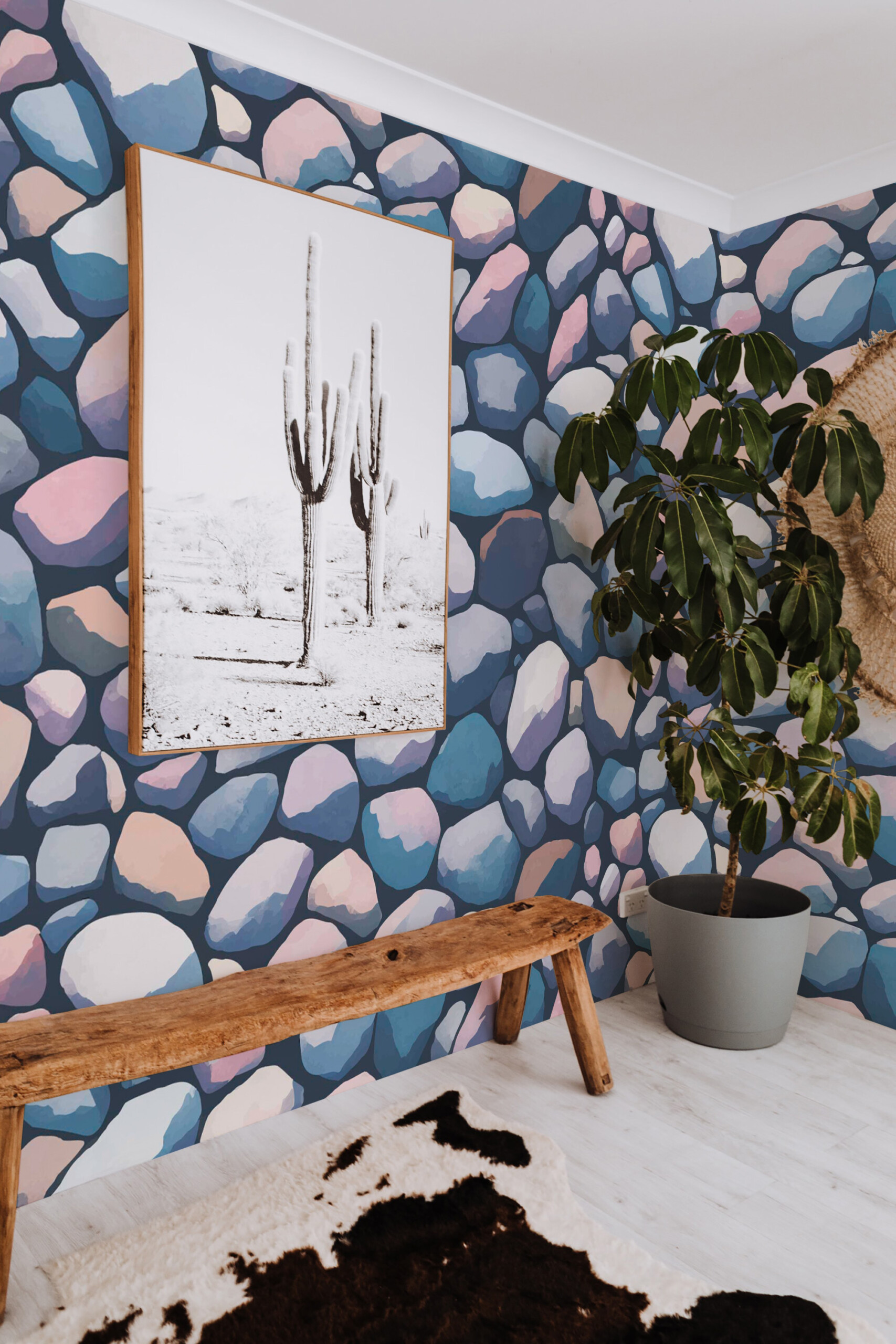 Fancy Walls pastel pebble stones wall mural peel and stick in calming blue tones