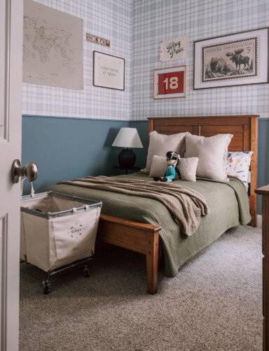 Customer review showcasing gray plaid peel and stick wallpaper