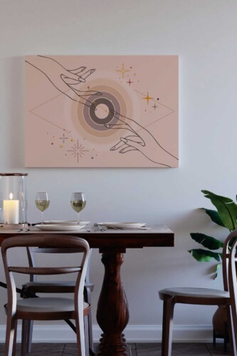 Celestial Touch canvas print with minimalist line-art hands and soft cosmic symbols, creating a calm boho wall décor accent for modern interiors