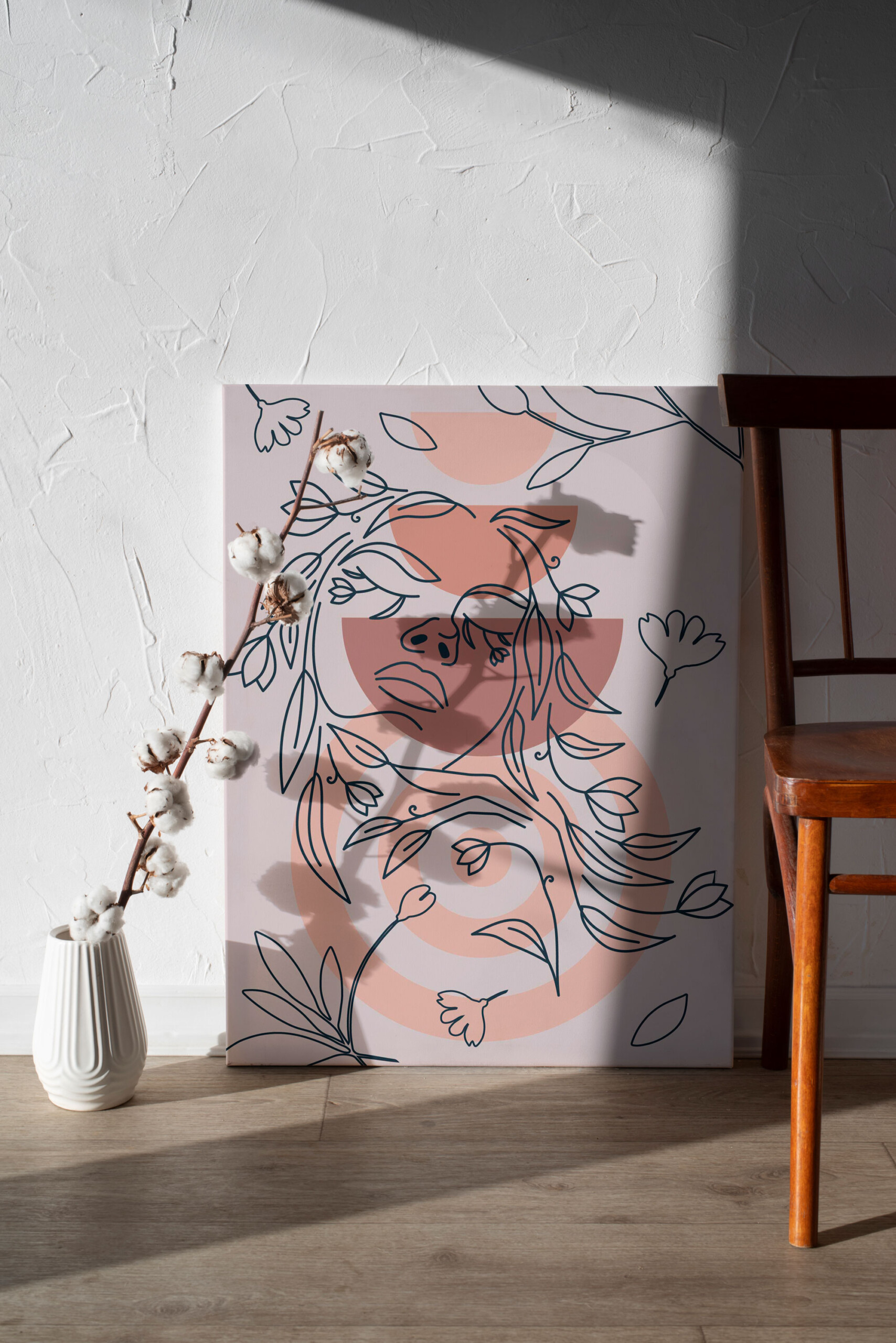 Feminine Line Art canvas print with abstract female face, flowing black lines, and soft geometric shapes, perfect for modern boho wall décor