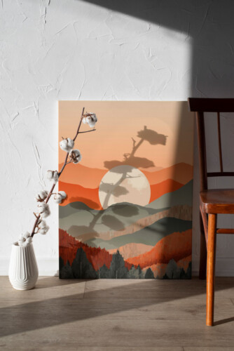 Warm Mountain Sunset canvas print with layered hills and glowing sun in earthy orange and green tones, creating a calm nature-inspired wall décor accent