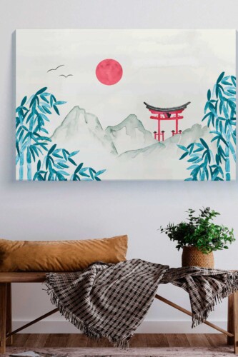 Red Sun Pagoda canvas print with misty mountains, bamboo leaves, and minimalist Asian landscape in soft blue and red tones