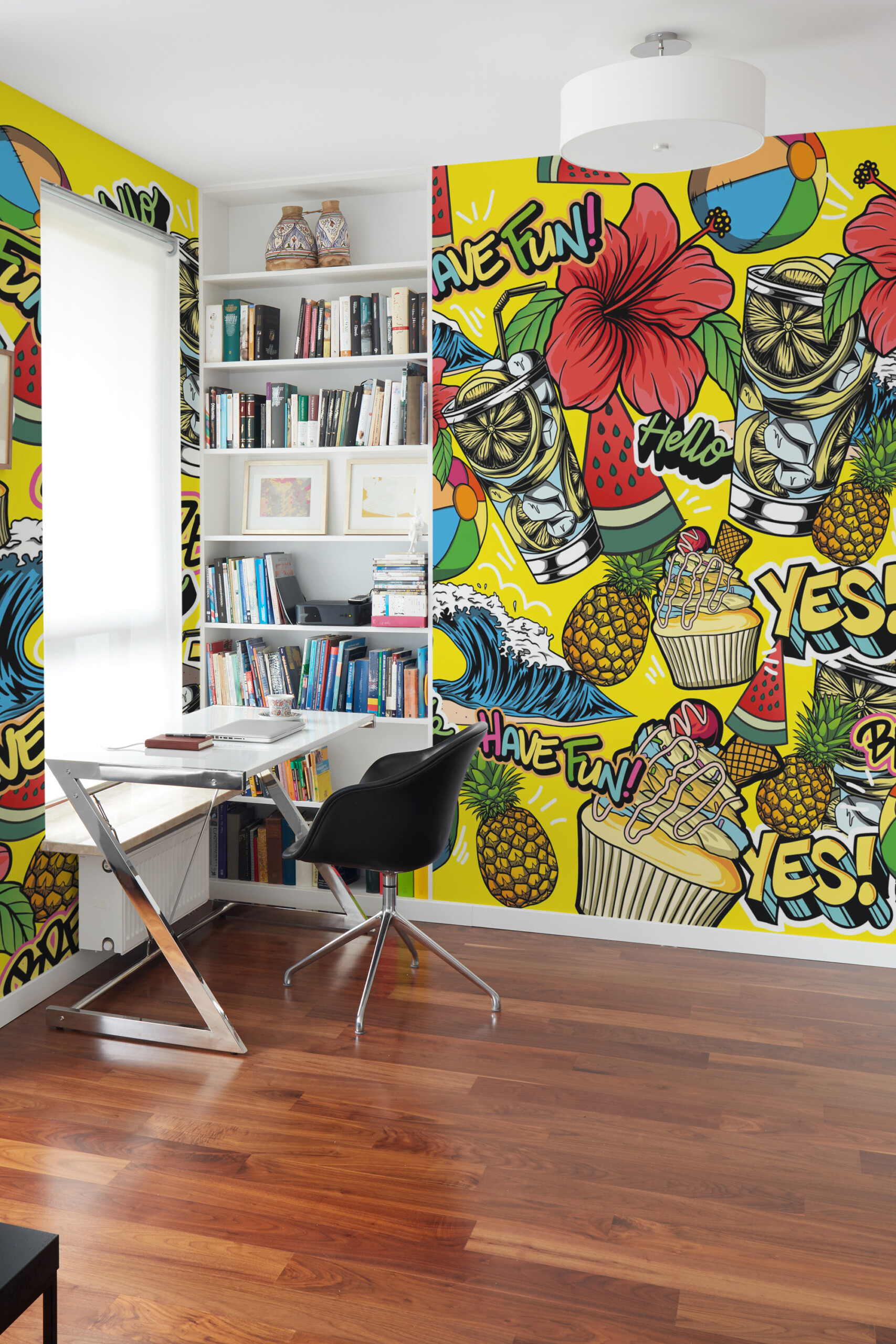 Fancy Walls peel and stick PVC-free wall mural with colorful pop art summer beach icons for vibrant game rooms and creative interiors.