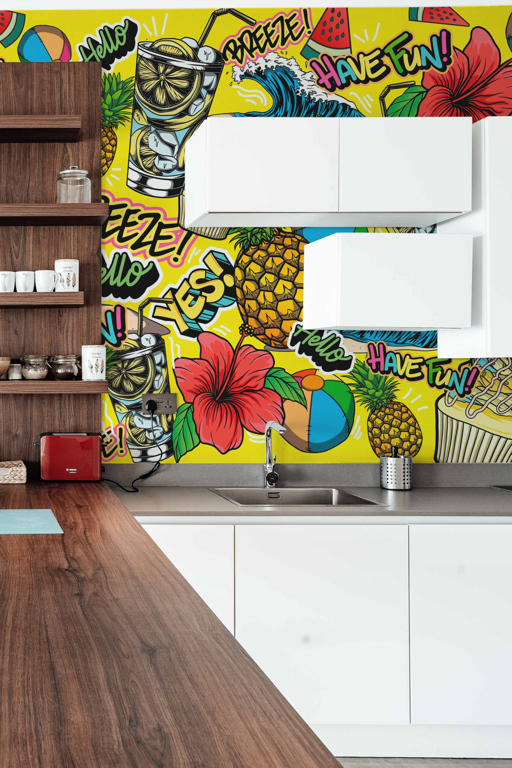 Fancy Walls traditional non-pasted eco-friendly wall mural featuring tropical pineapples, hibiscus flowers, and waves for fun entertainment spaces.