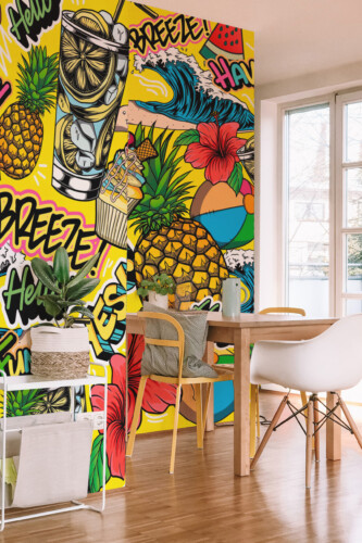 Fancy Walls removable wall mural with bold comic style beach party design for teen rooms, studios, and modern playful décor.