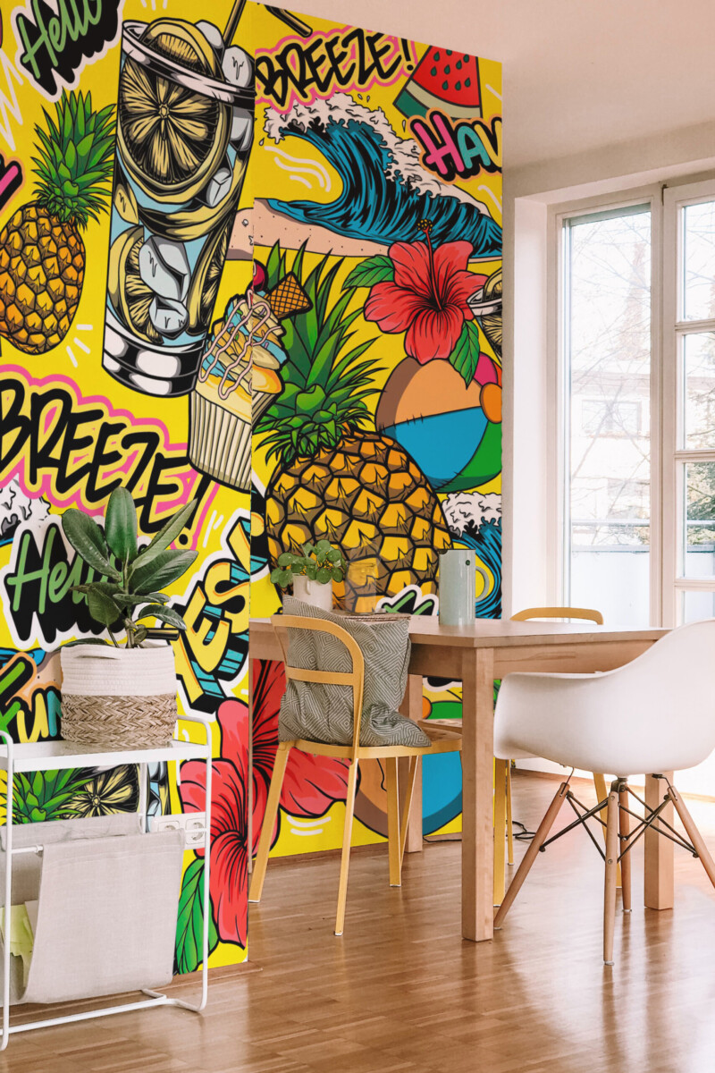 Fancy Walls removable wall mural with bold comic style beach party design for teen rooms, studios, and modern playful décor.
