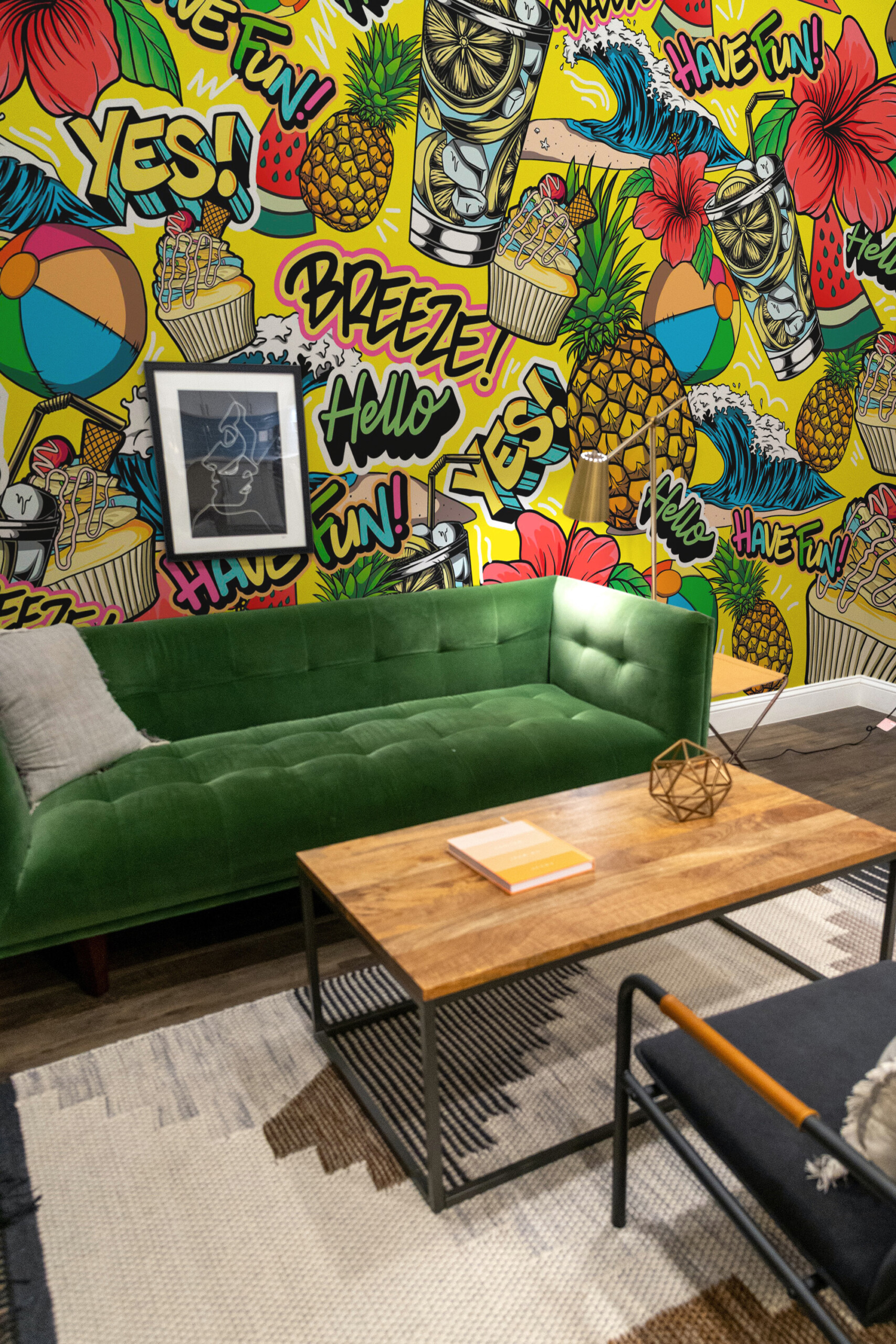 Fancy Walls eco-friendly peel and stick wall mural with bright summer pop art pattern for lively game rooms and contemporary spaces.