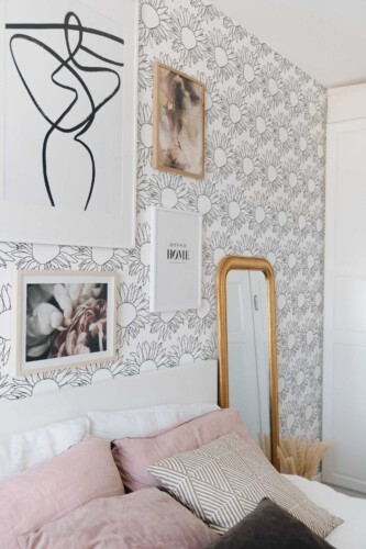 Fancy Walls self-adhesive wallpaper featuring doodle style sunflowers in monochrome lines
