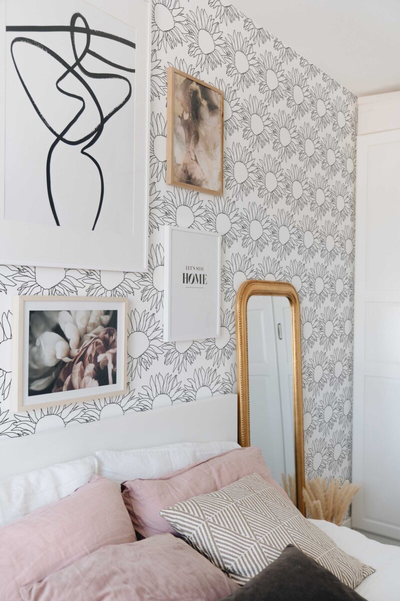 Fancy Walls self-adhesive wallpaper featuring doodle style sunflowers in monochrome lines