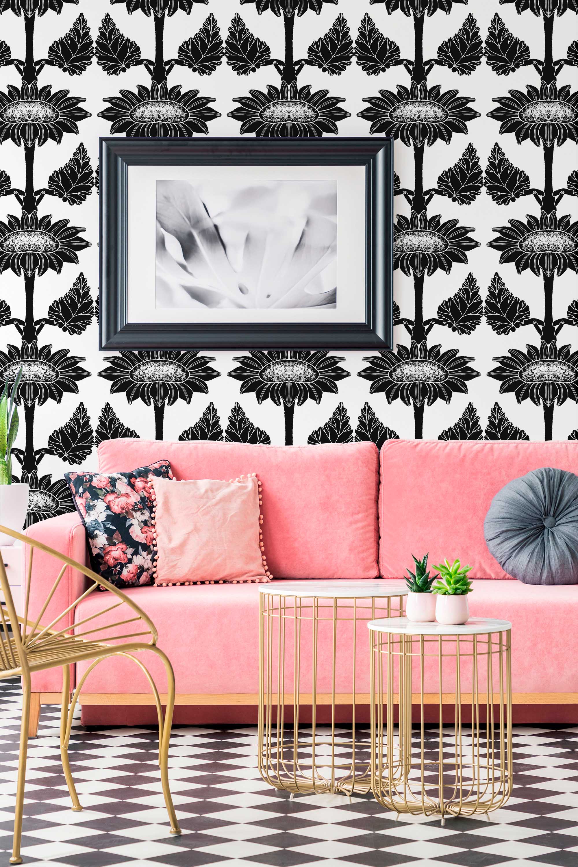 Fancy Walls traditional wallpaper in graphic black and white sunflower style.